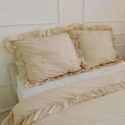 Pościel bawełniana z falbanką - beżowa