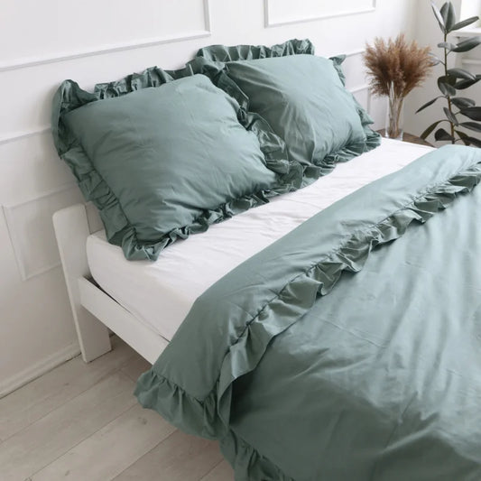 Pościel bawełniana z falbanką - boho zieleń
