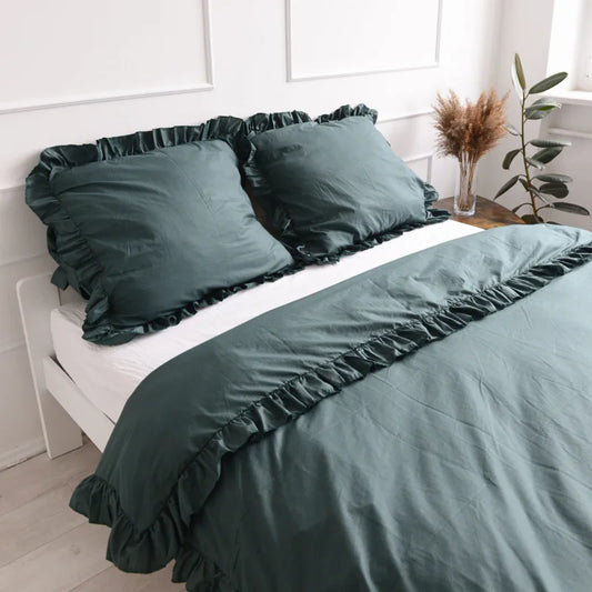 Pościel bawełniana z falbanką - butelkowa zieleń