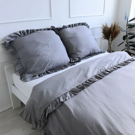 Pościel bawełniana z falbanką - ciemnoszara