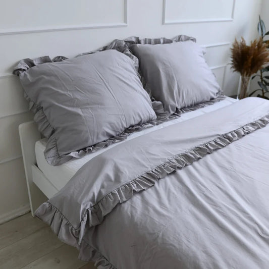 Pościel bawełniana z falbanką - jasnoszara