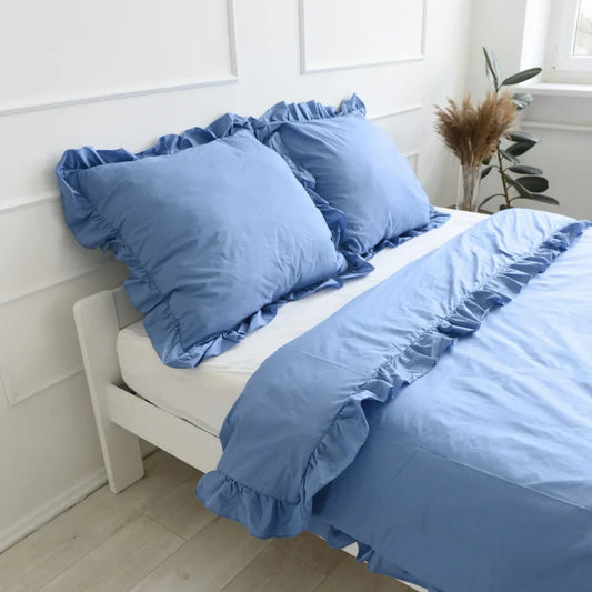 Pościel bawełniana z falbanką - niebieska (jeans)