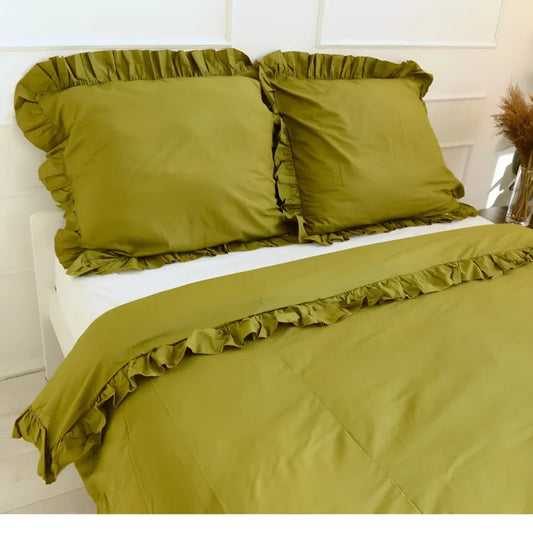 Pościel bawełniana z falbanką - oliwkowa