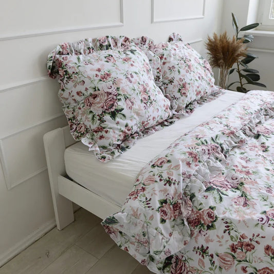 Pościel bawełniana z falbanką - retro kwiaty