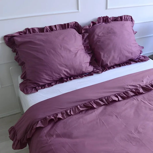 Pościel bawełniana z falbanką - retro róż