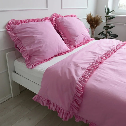 Pościel bawełniana z falbanką - różowa