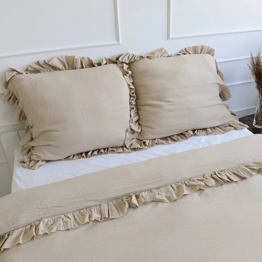 Pościel muślinowa z falbanką - boho beż