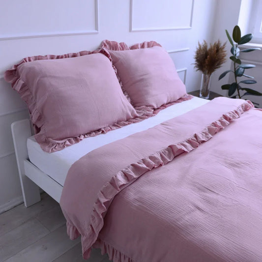 Pościel muślinowa z falbanką - boho róż