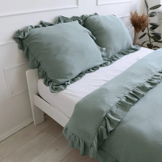 Pościel muślinowa z falbanką - boho zieleń