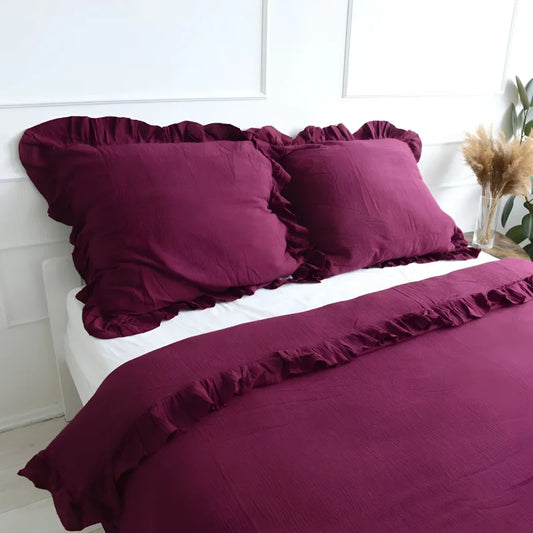 Pościel muślinowa z falbanką - bordowa