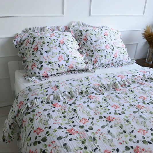 Pościel muślinowa z falbanką - eukaliptusy