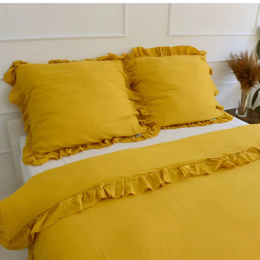 Pościel muślinowa z falbanką - musztardowa